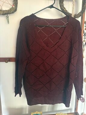Burgundy Open-Knit V-Neck Sweater